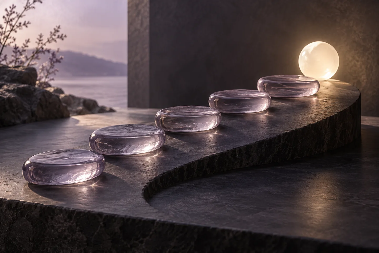 Стеклянные ступени и мягкий свет — образ последовательного личного плана